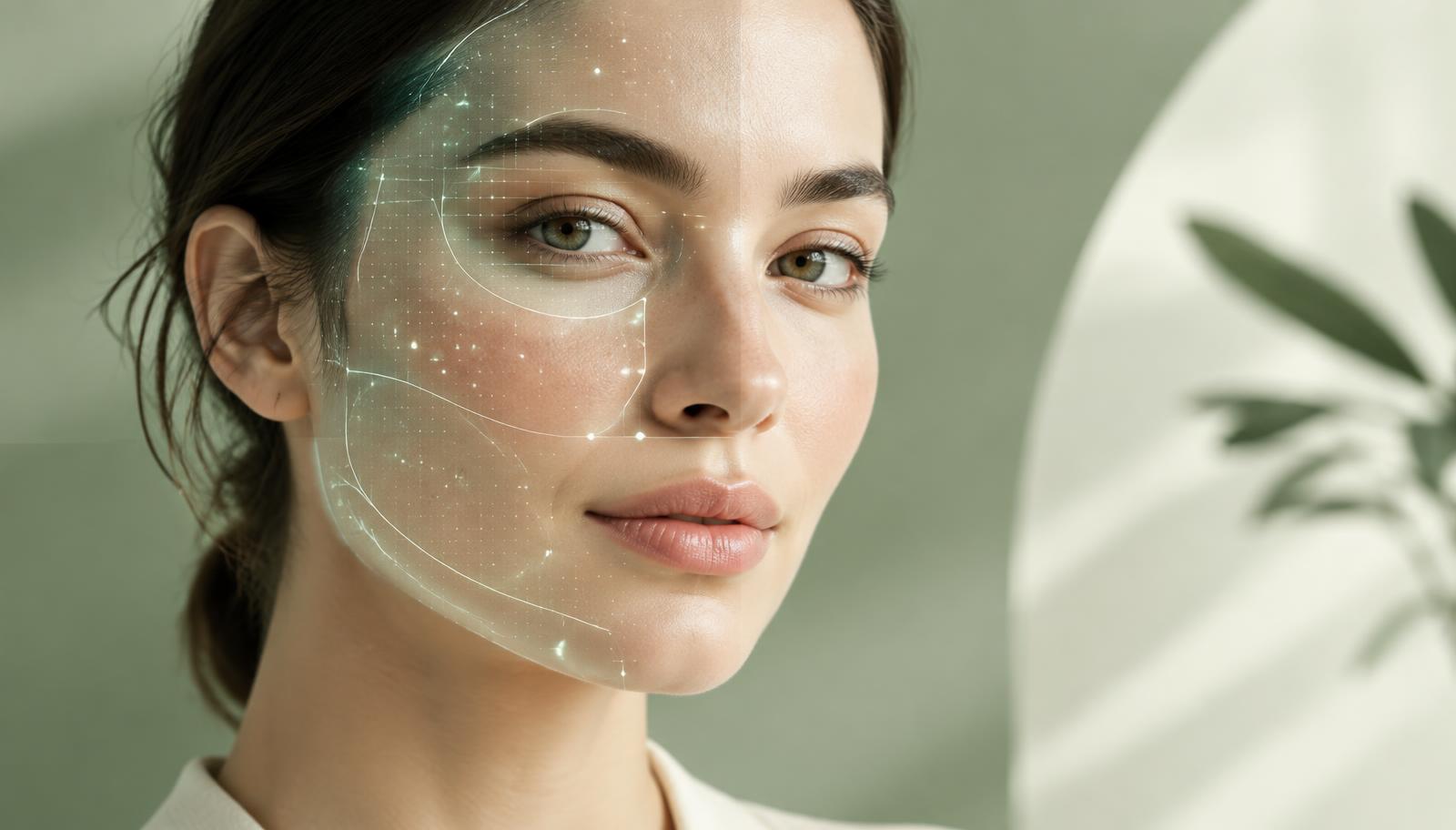 Woman's face in soft daylight with a luminous AI skin-zone mapping overlay in sage and cream tones