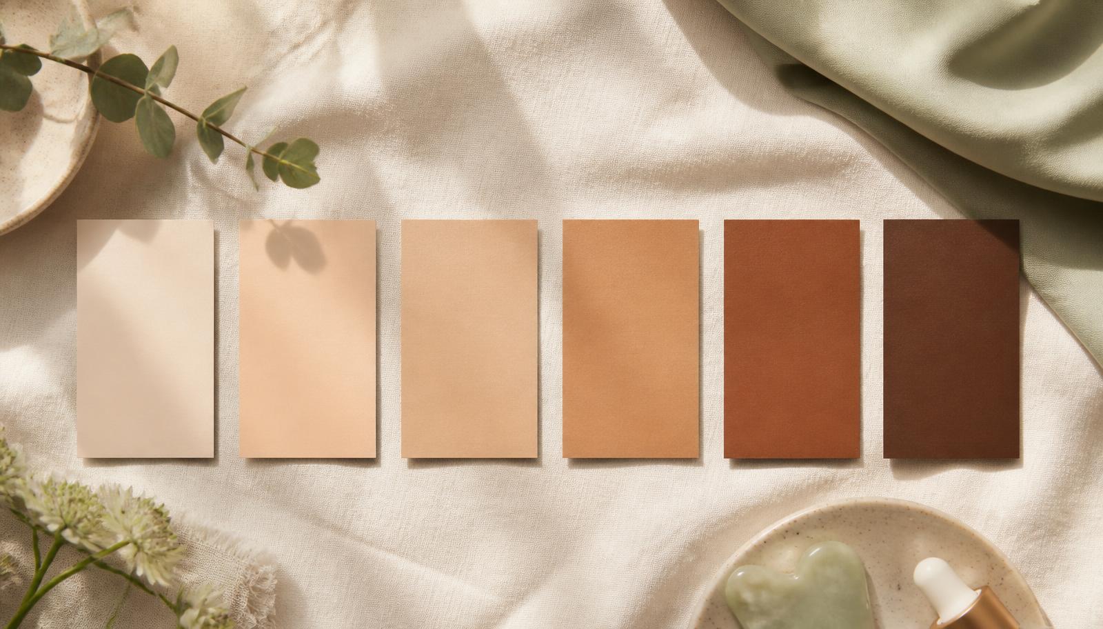 Six skin tone swatch cards laid out as a gradient from fair to deep brown on cream linen beside sage fabric