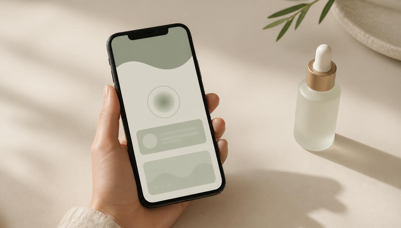 A hand holding a phone showing a soft sage-green skincare app interface beside a frosted serum bottle
