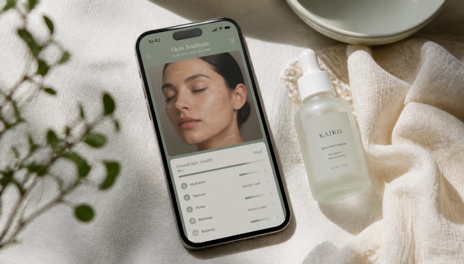 A phone on cream linen showing a sage-green skin analysis screen with facial zone markers, beside a frosted serum bottle and muslin cloth in soft daylight