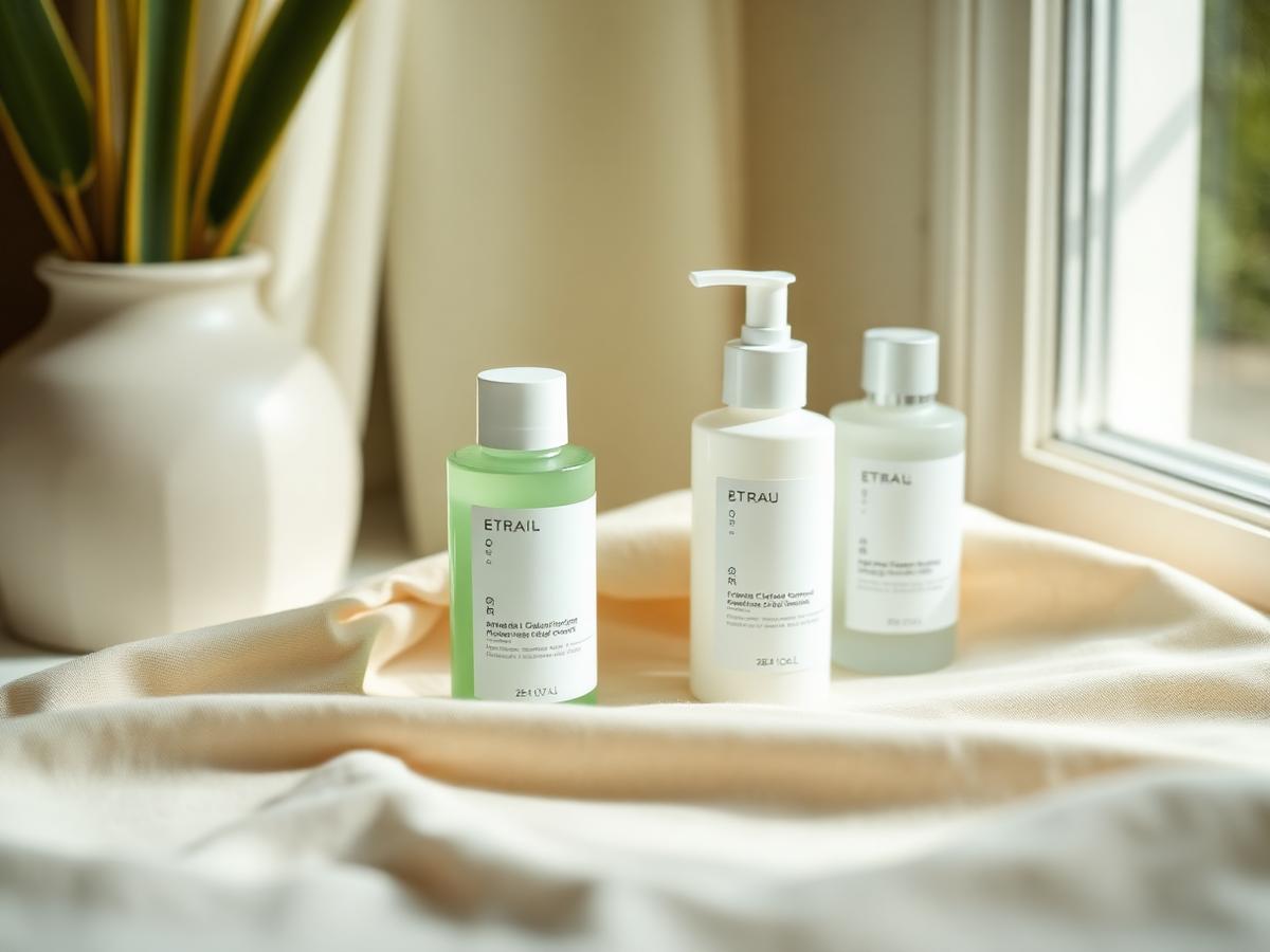 Four unbranded skincare bottles lined up on cream linen in soft window light