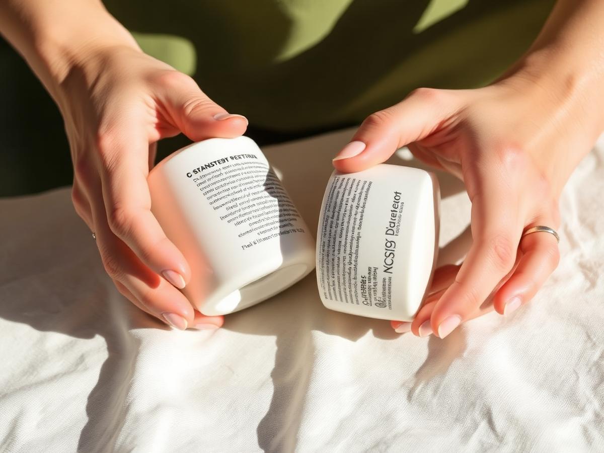 Hands turning an unbranded white skincare jar to read the back label in daylight
