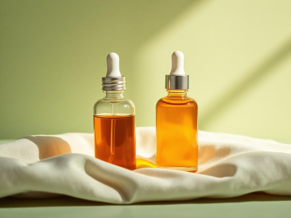 Two unbranded serum bottles facing each other on cream linen against a sage backdrop