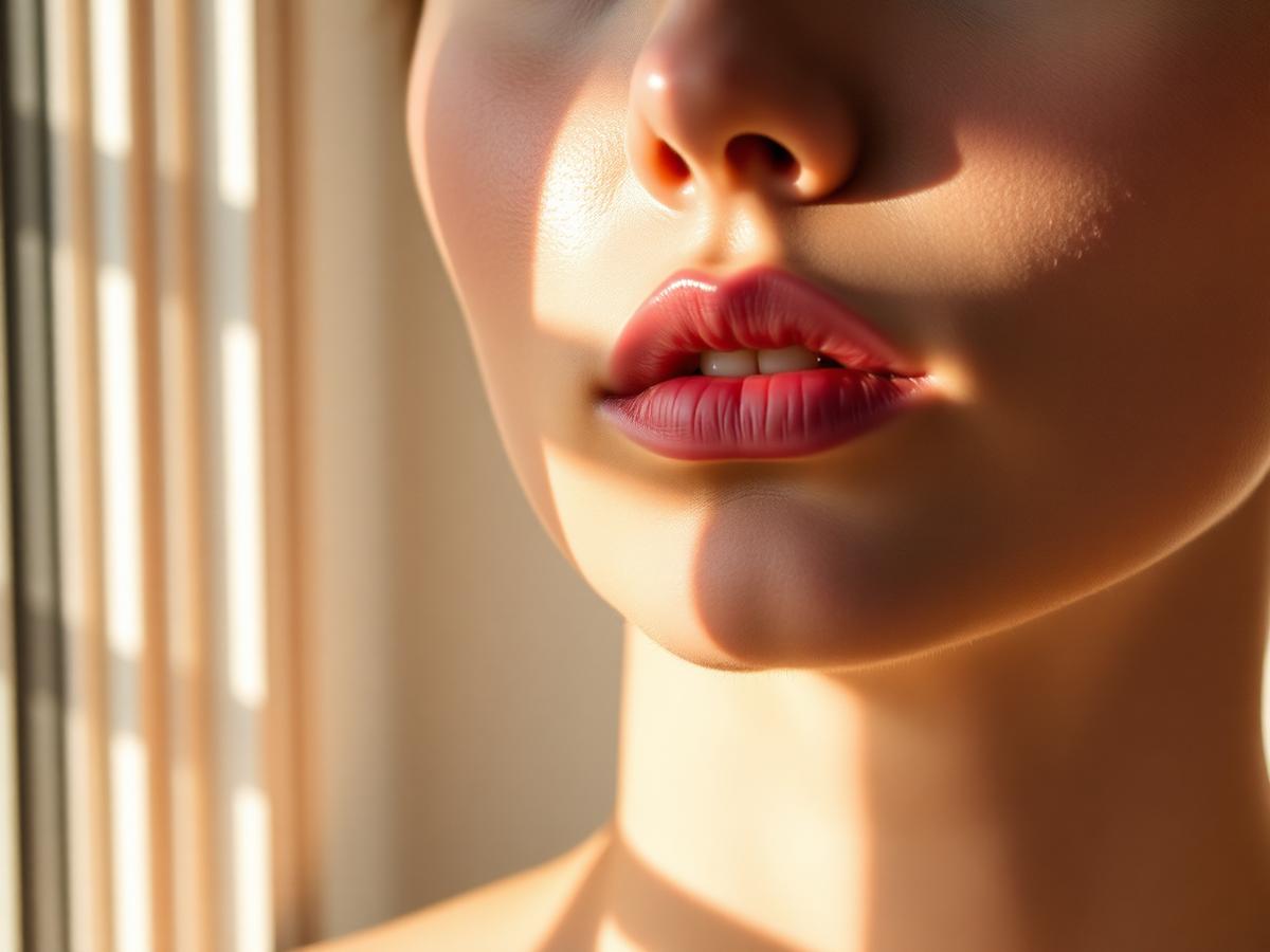 Close-up of healthy skin texture on a cheek and jaw in natural window light
