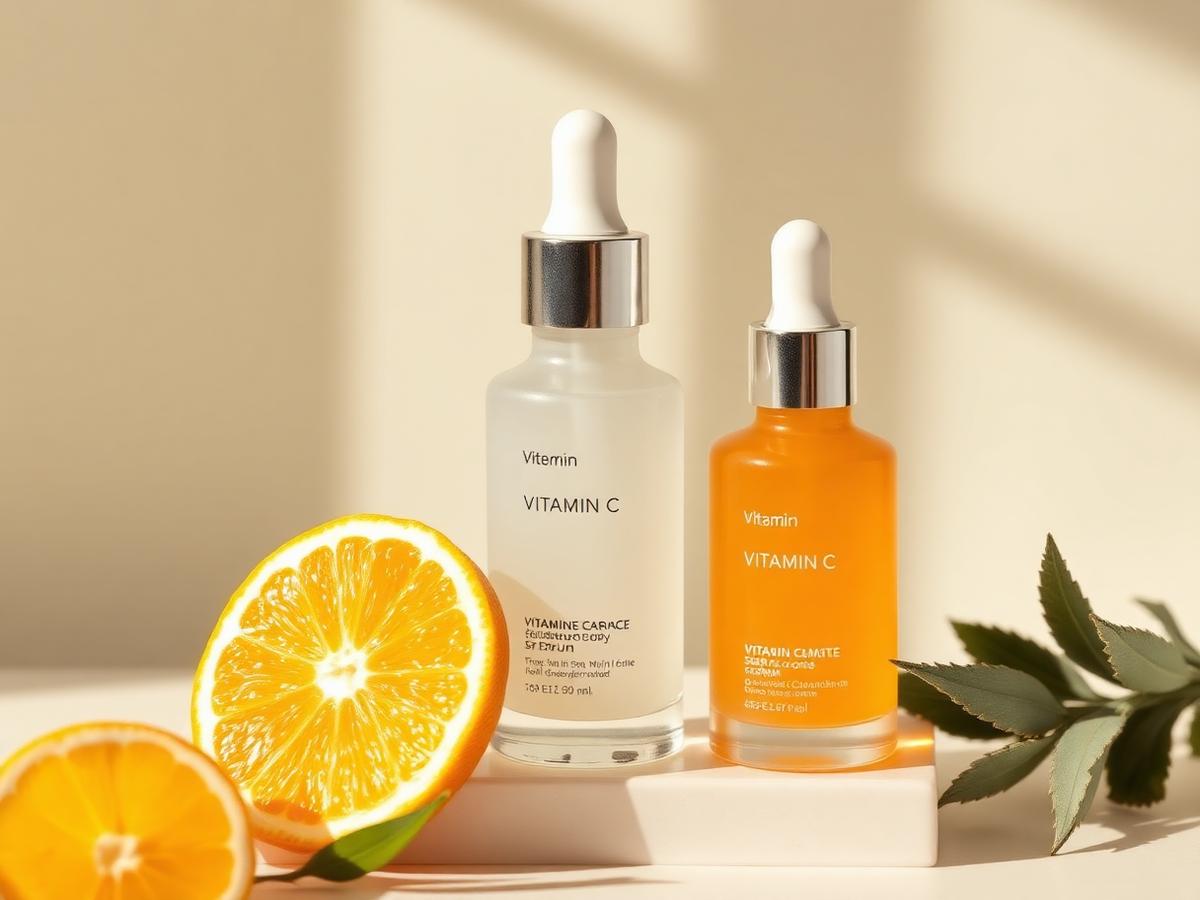 Three unbranded vitamin C serum bottles beside a citrus slice in warm daylight