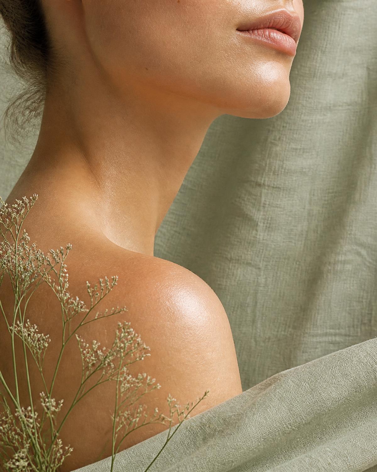 Close-up of calm, hydrated skin in soft natural daylight