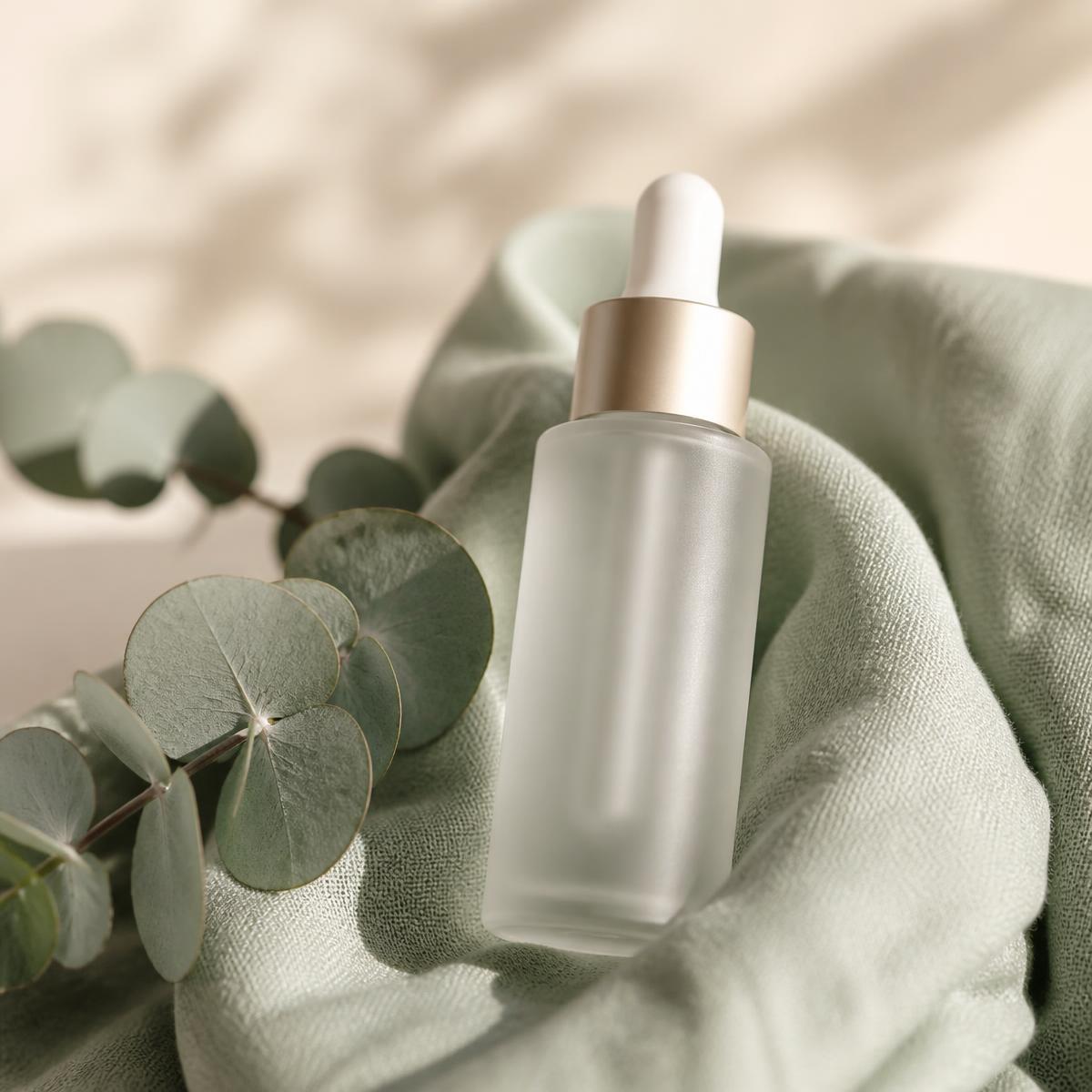 A frosted glass serum dropper resting on folded sage linen