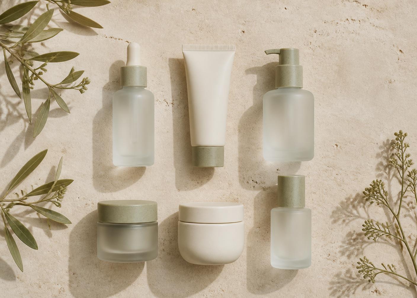 Six unbranded skincare bottles and jars arranged in a grid on stone